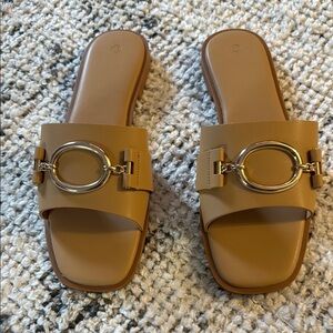 Chic Tan Slide Sandals with‎ Gold Accent